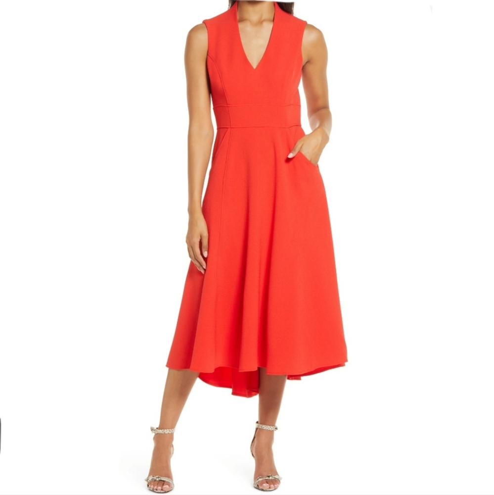 NEW Eliza J Red High Low Fit & Flair Dress With Pockets